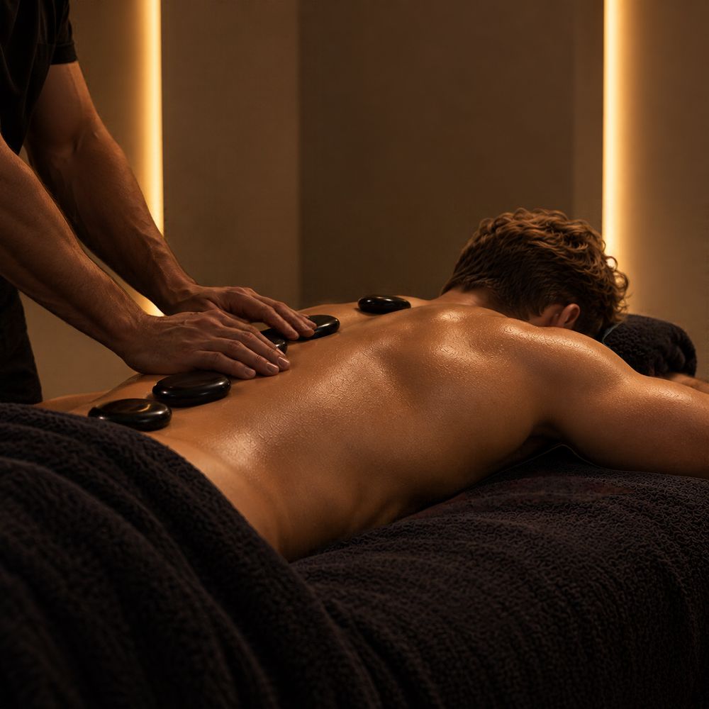 Deep Relax Massage: warme Steine liegen auf dem Rücken eines Kunden, zwei Hände massieren den Rücken (Bild mit KI bearbeitet)