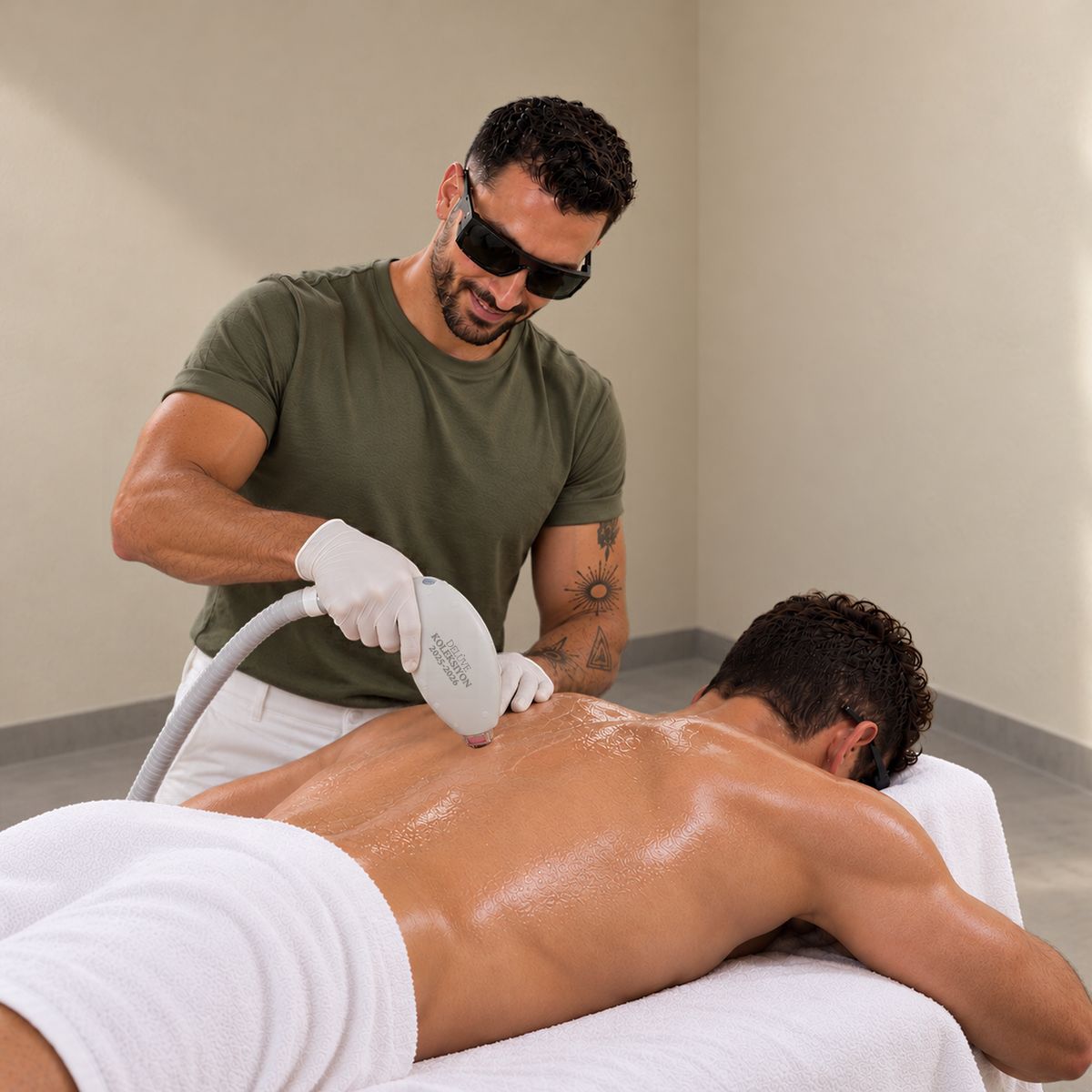 Laser-Haarentfernung am Rücken: Ein Mitarbeiter von Men’s Care führt das Laser-Handstück über die Haut eines Kunden, beide tragen Laserschutzbrillen (Bild mit KI bearbeitet)