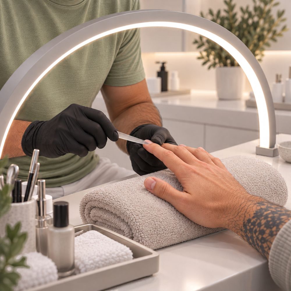 Maniküre bei Men’s Care: Ein Mitarbeiter feilt unter einer Ringleuchte die Fingernägel eines Kunden (Bild mit KI bearbeitet)