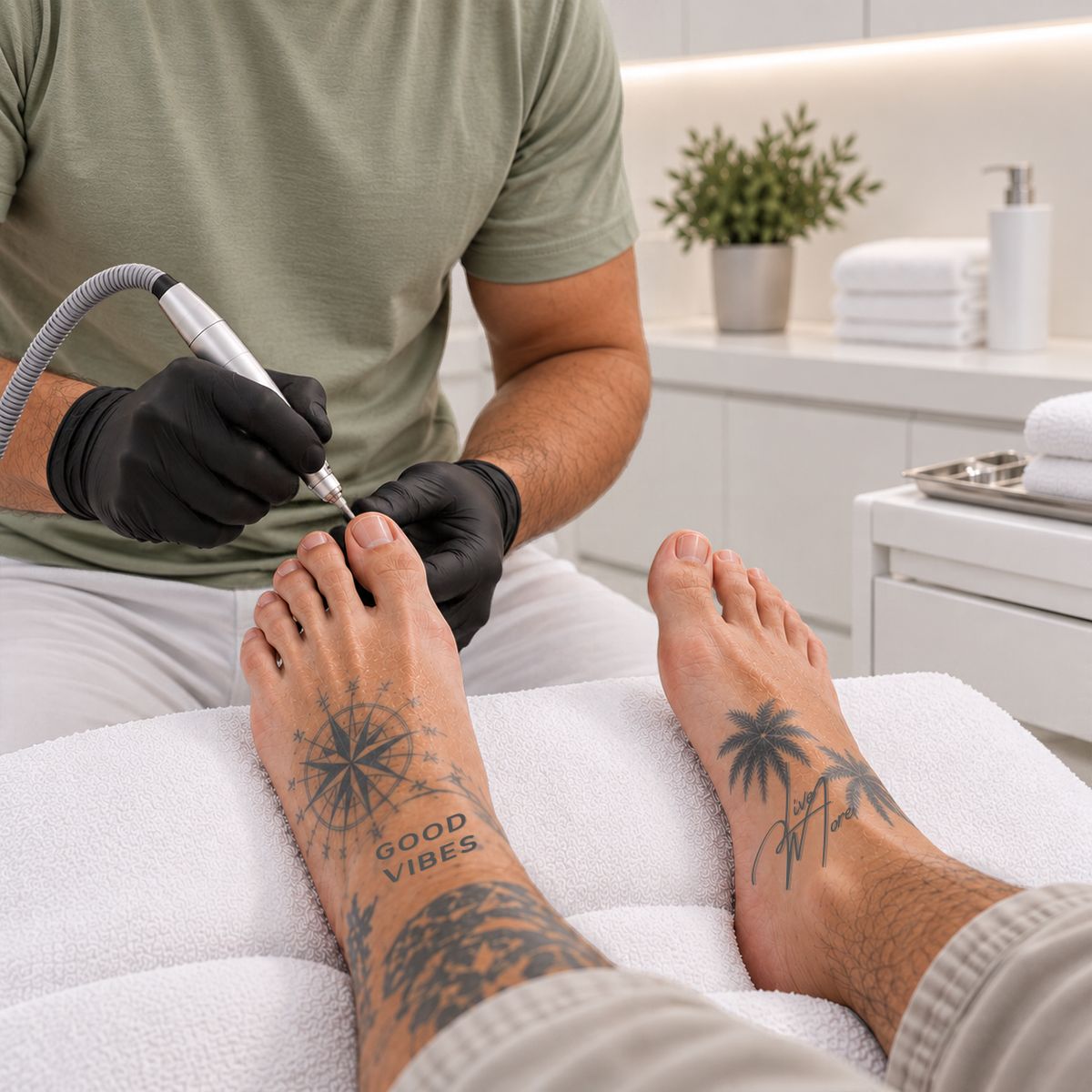 Pediküre bei Men’s Care: Ein Mitarbeiter mit schwarzen Handschuhen kürzt mit einer Fräse die Zehennägel eines Kunden (Bild mit KI bearbeitet)